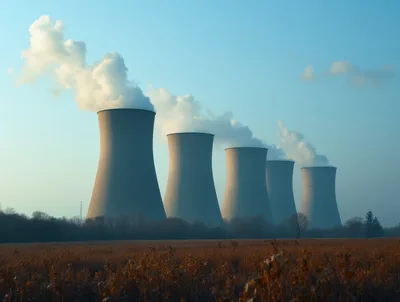 Five Industrial Cooling Towers Emitting Steam