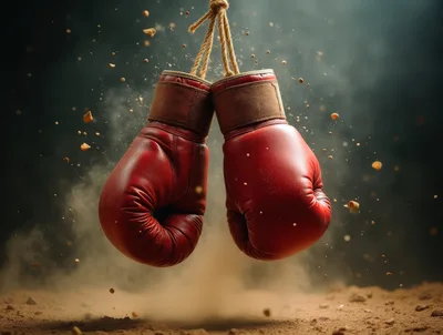 Red Boxing Gloves Hanging Over Dusty Ground