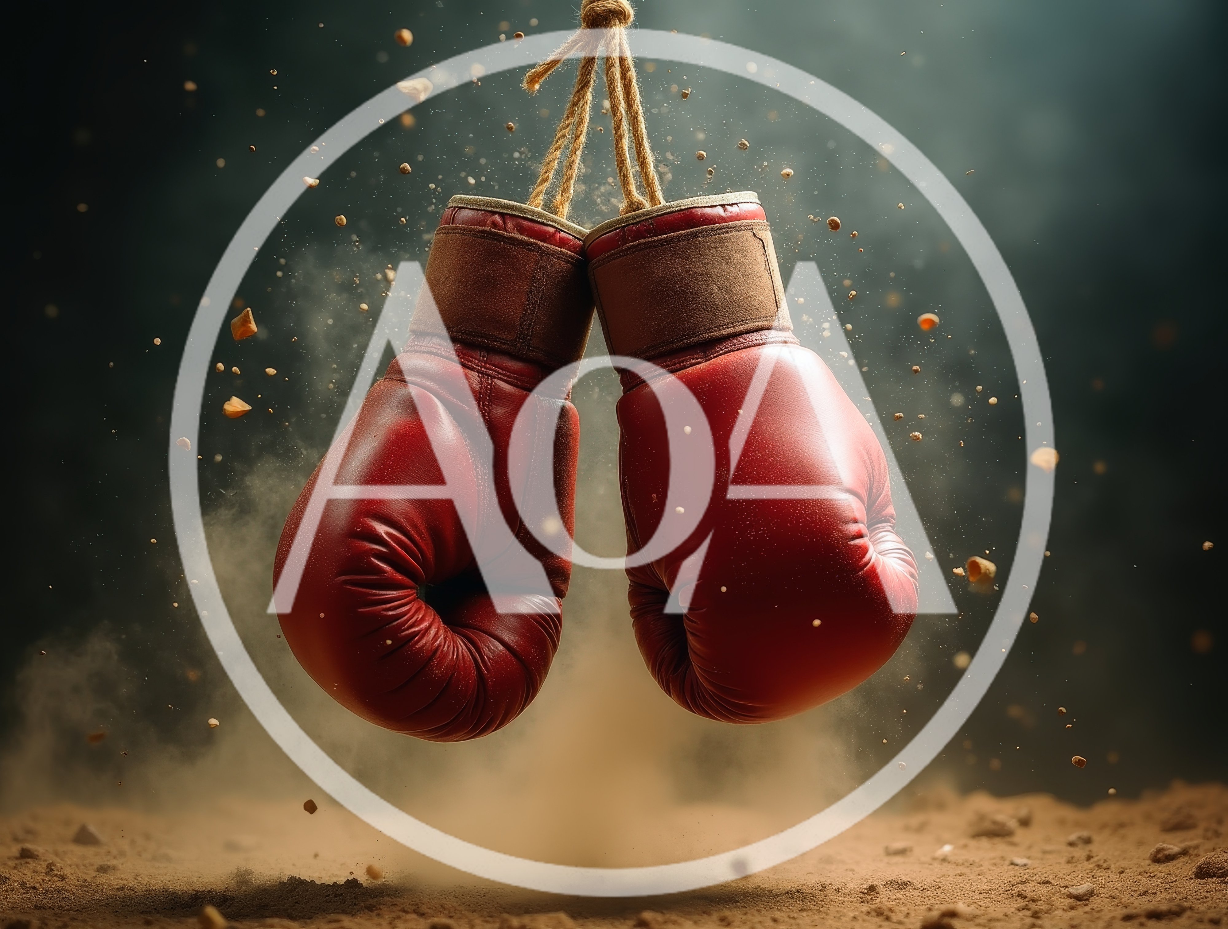 Red Boxing Gloves Hanging Over Dusty Ground