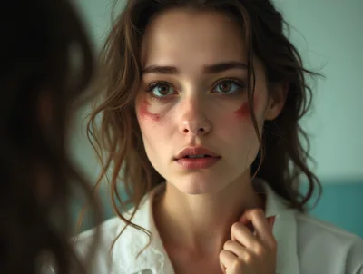 Young Woman With Smudged Makeup Looking In Mirror