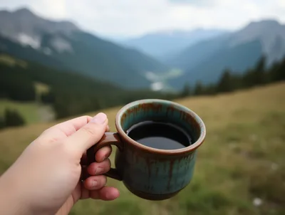Person Holding A Coffee Mug Overlooking Mountain Valley