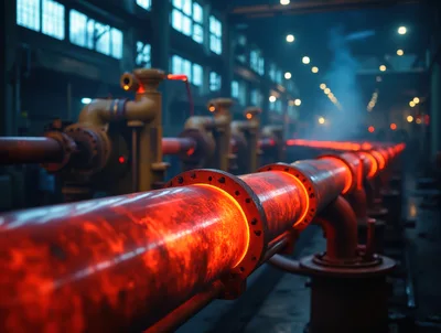 Glowing Hot Metal Pipe In Industrial Steel Mill