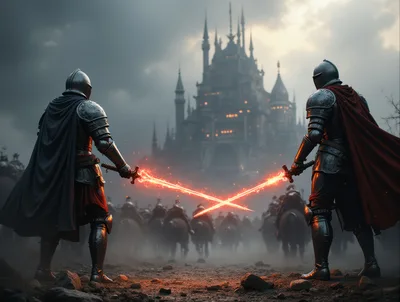 Two Armored Knights Facing Off With Glowing Swords