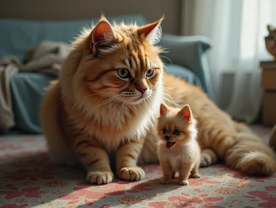 Fluffy Orange Cat And Tiny Puppy Sitting Together