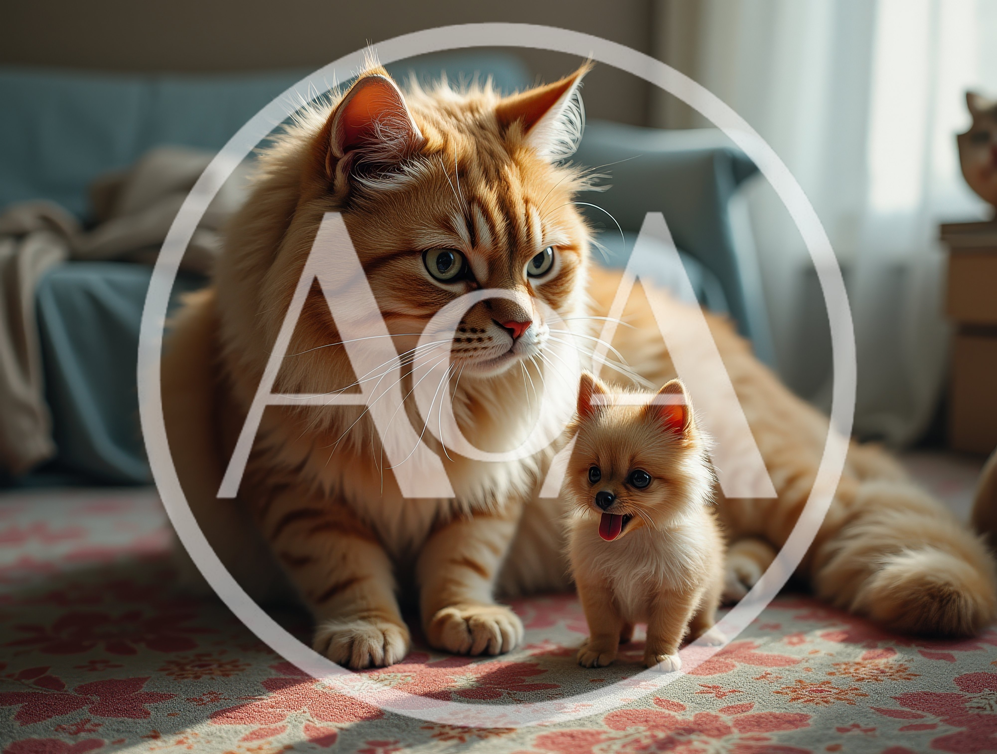 Fluffy Orange Cat And Tiny Puppy Sitting Together