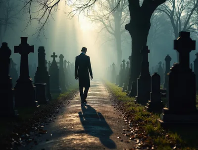 Man Walking Alone Through A Misty Cemetery