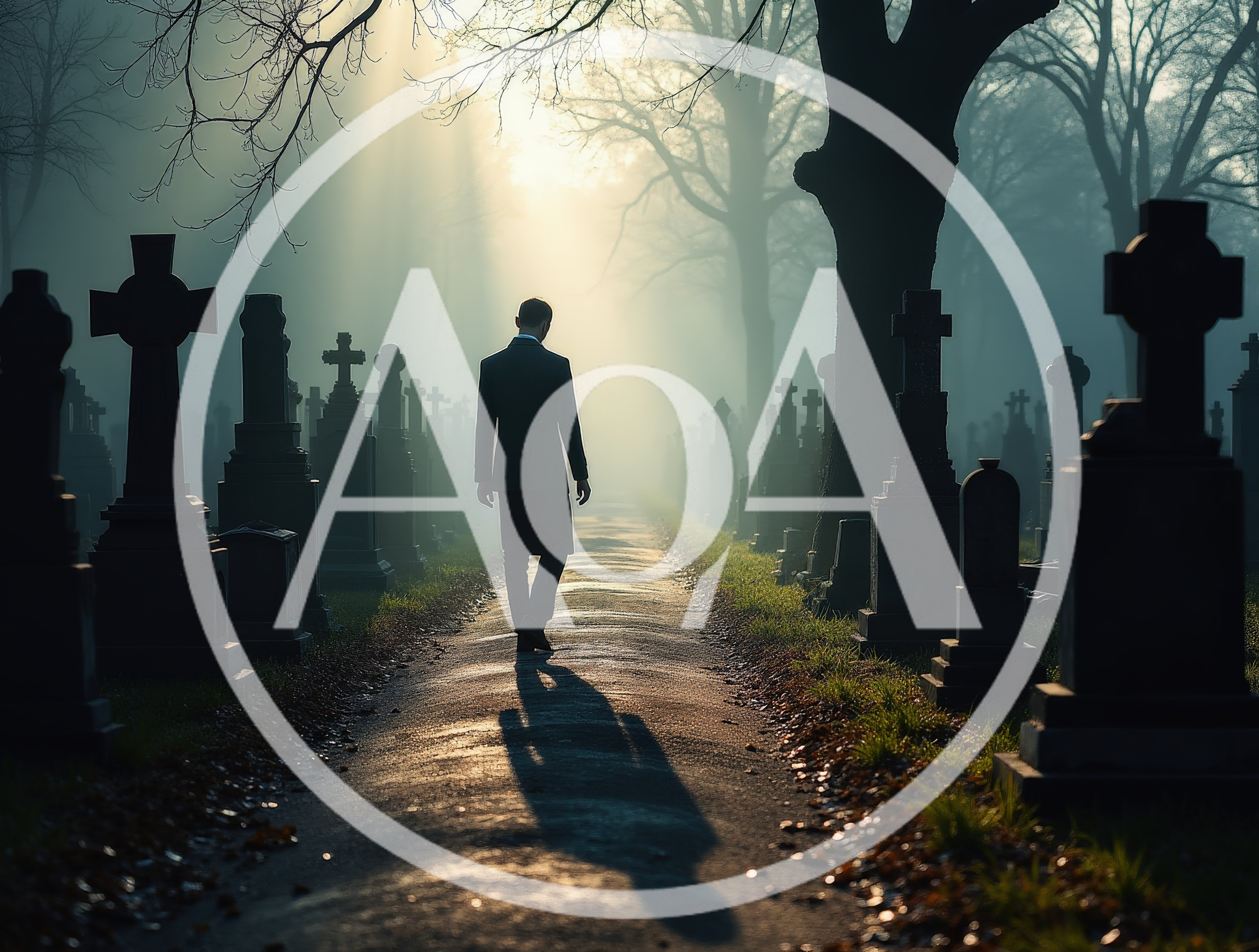 Man Walking Alone Through A Misty Cemetery