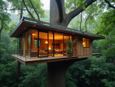 Modern Glass Treehouse Cabin In Lush Forest