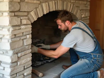 Man Installing Fireplace Insert In Stone Hearth