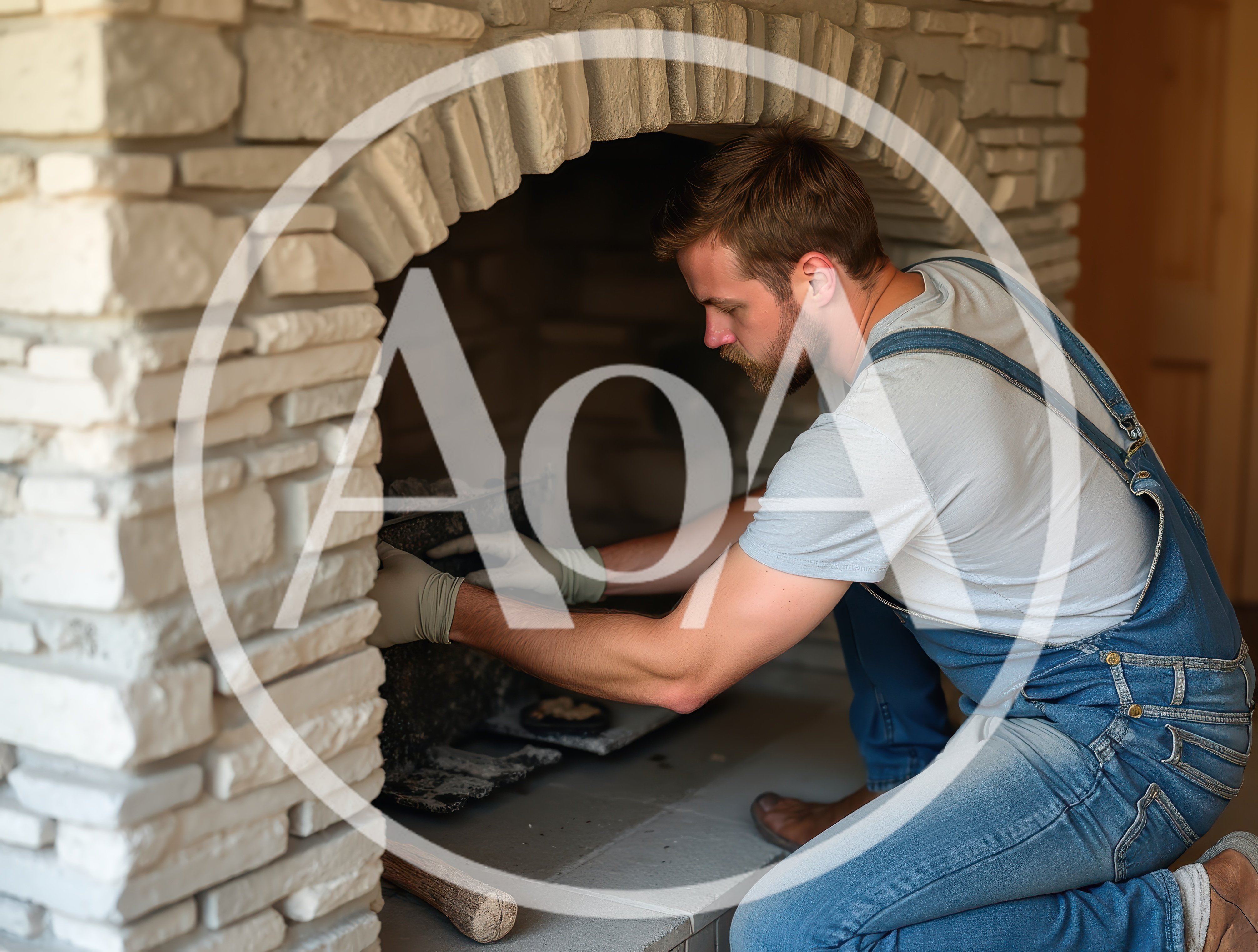 Man Installing Fireplace Insert In Stone Hearth