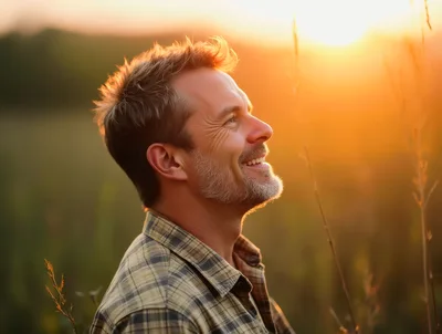 Middle Aged Man Smiling Outdoors At Sunset