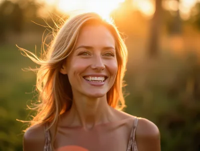 Smiling Blonde Woman Outdoors During Golden Hour