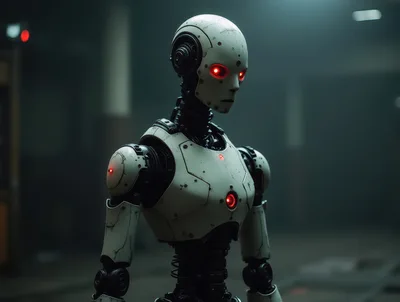 Futuristic Humanoid Robot Standing In Dark Industrial Setting