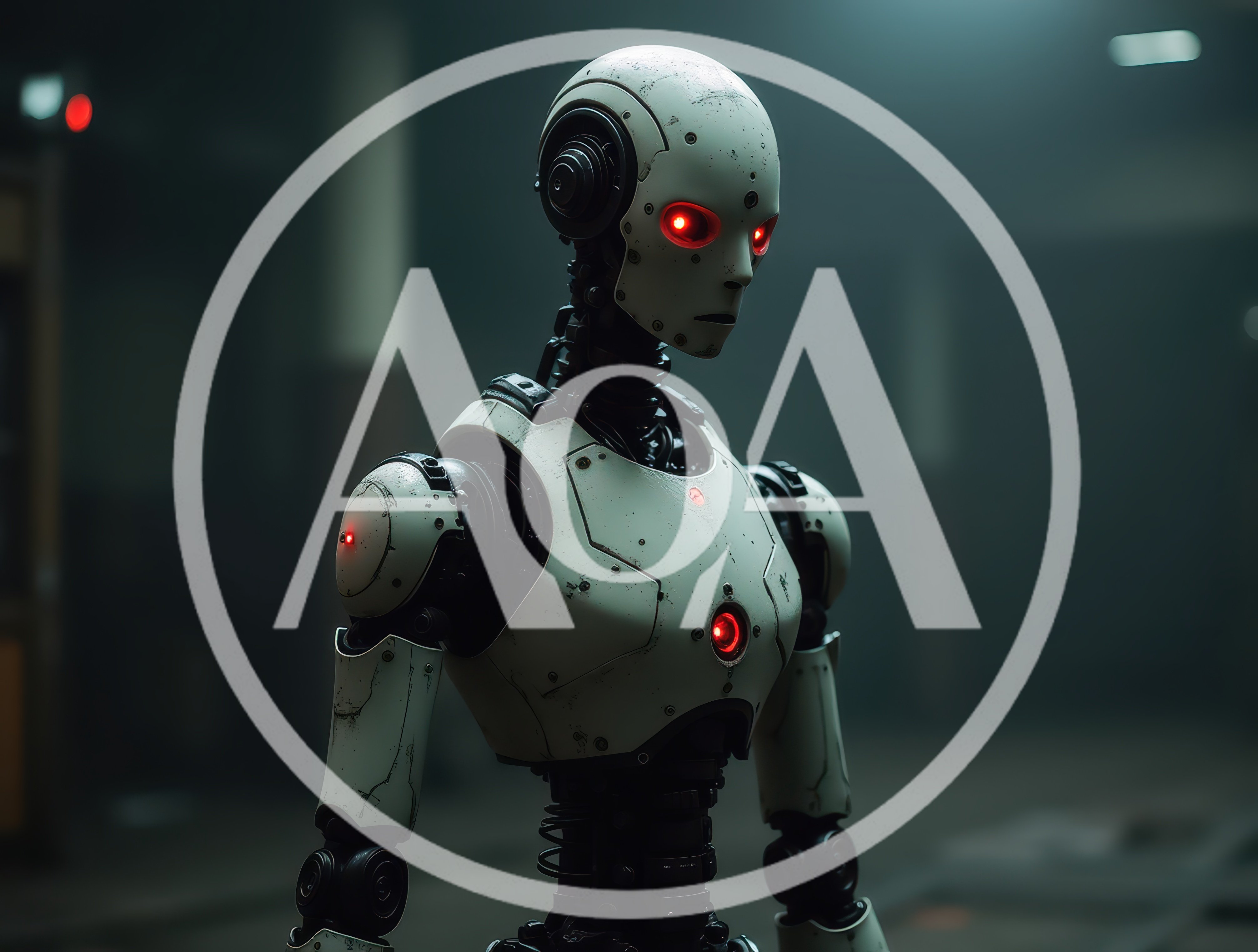 Futuristic Humanoid Robot Standing In Dark Industrial Setting