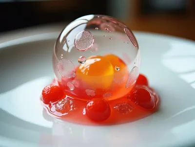 Molecular Gastronomy Dessert With Clear Sphere And Fruit