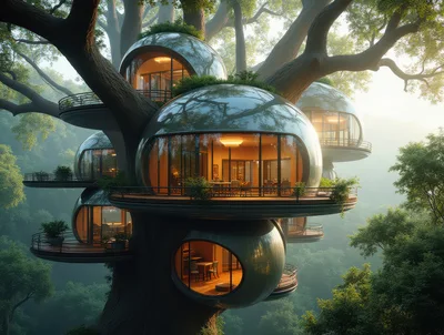 Futuristic Glass Sphere Treehouse Architecture In Lush Forest