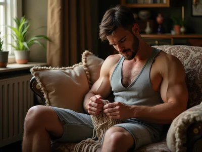 Muscular Man Knitting Macrame In A Cozy Living Room