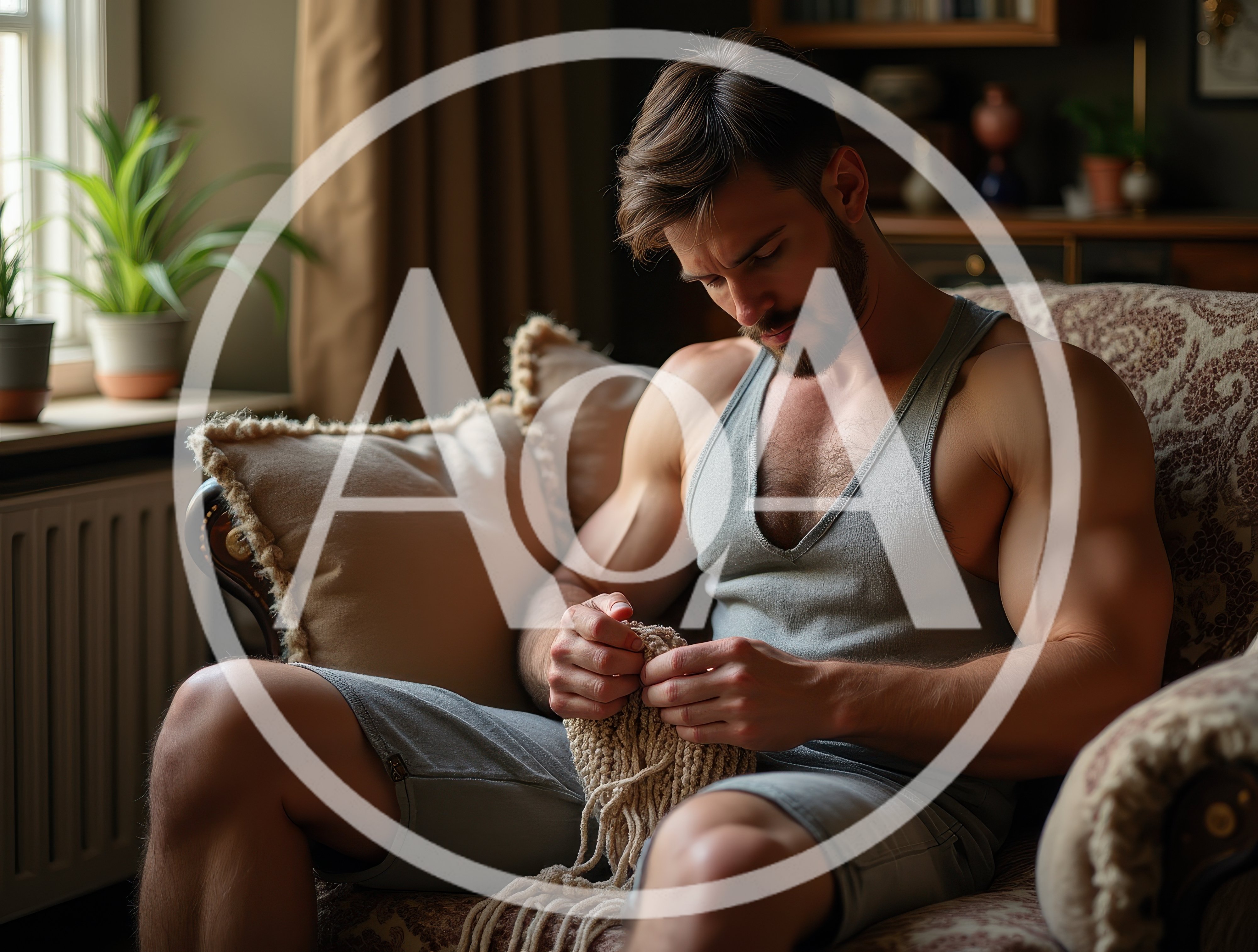 Muscular Man Knitting Macrame In A Cozy Living Room