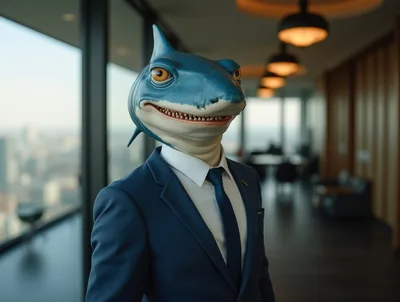 Anthropomorphic Shark Businessman In Modern Office Setting