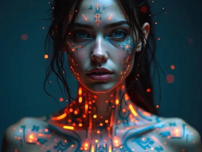 Cybernetic Woman With Glowing Neon Circuitry Tattoos