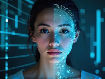 Digital Facial Recognition Scan Of A Young Woman