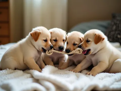 Four Cute Labrador Puppies Playing With Rope Toy