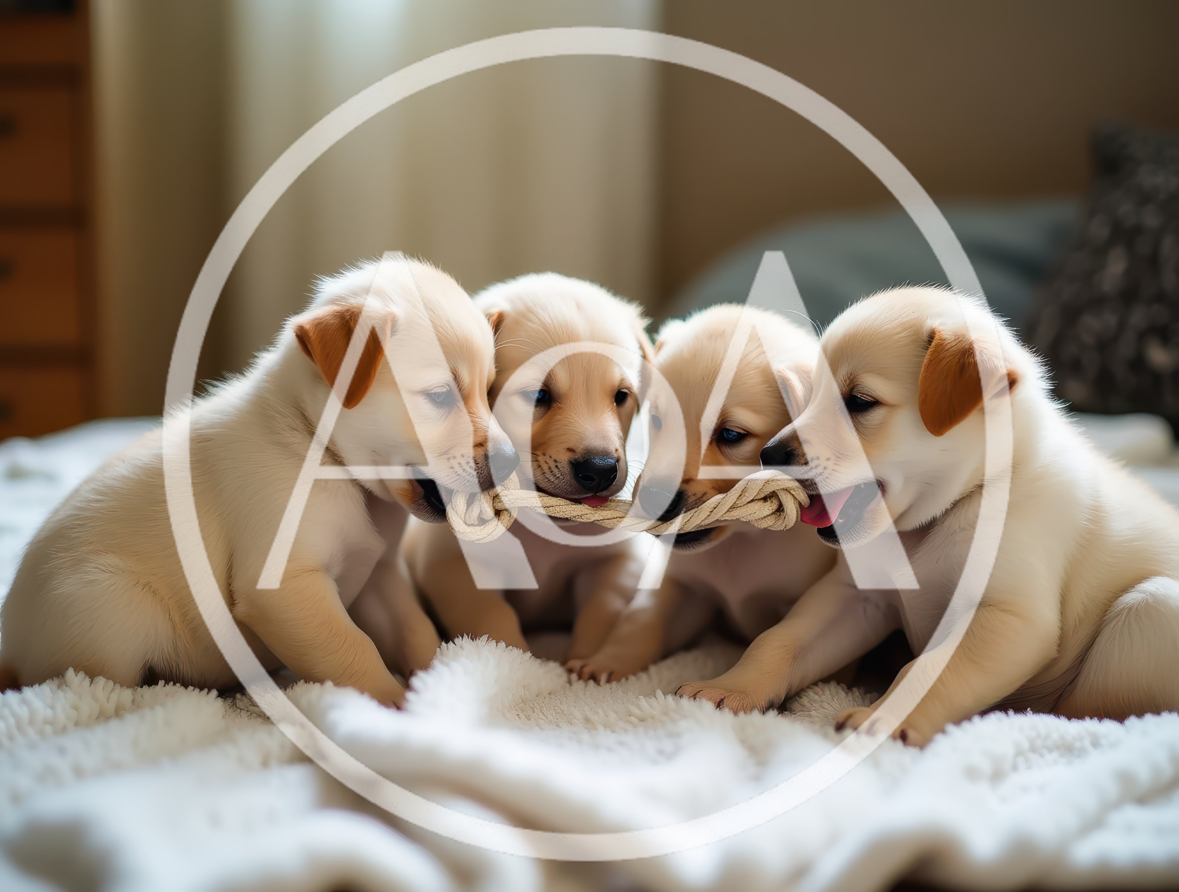 Four Cute Labrador Puppies Playing With Rope Toy