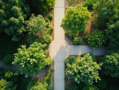 Aerial View Of A Circular Garden Path Intersection