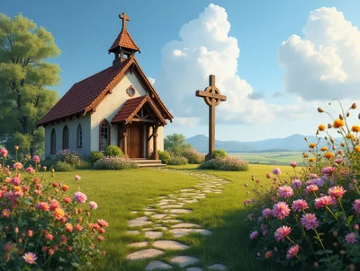 Small Country Church With Stone Path And Cross
