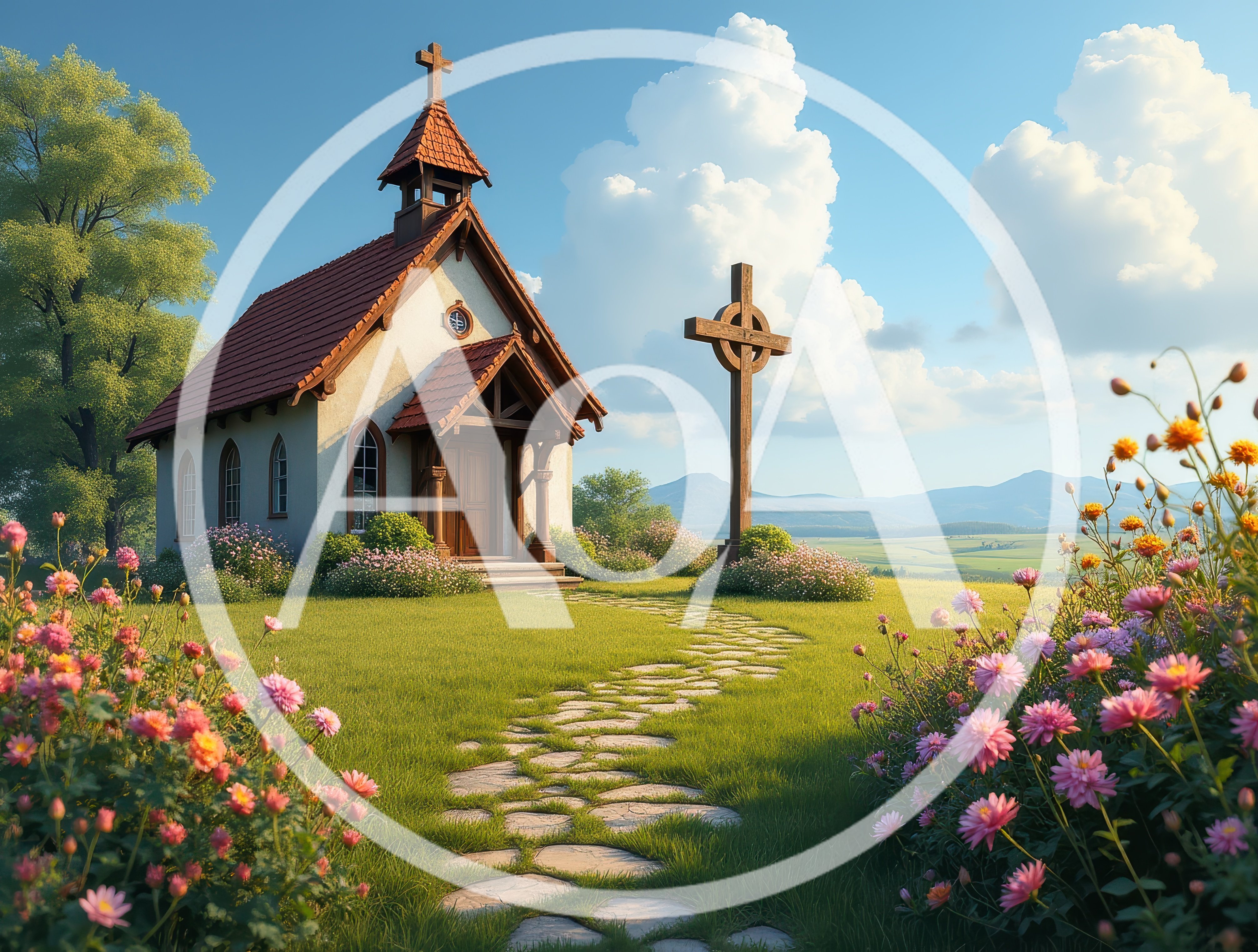 Small Country Church With Stone Path And Cross