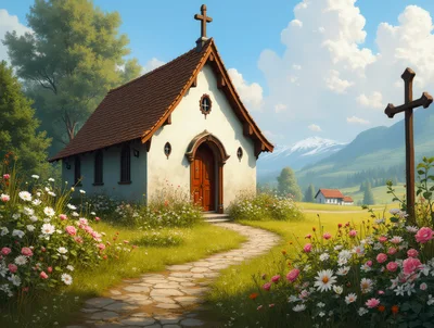 Small Stone Chapel In A Sunny Alpine Meadow
