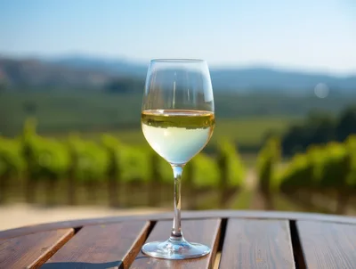 Glass Of White Wine On A Vineyard Table