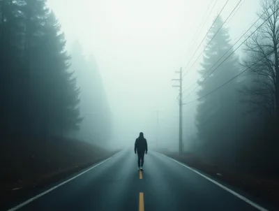 Lone Person Walking Down A Foggy Rural Road