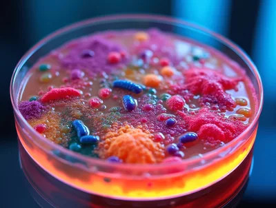 Colorful Bacterial Colonies Growing In A Petri Dish