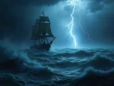 Sailing Ship Navigating Stormy Seas With Lightning