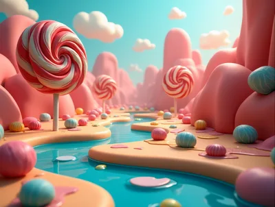 Whimsical Candy Land Landscape With Lollipops And River