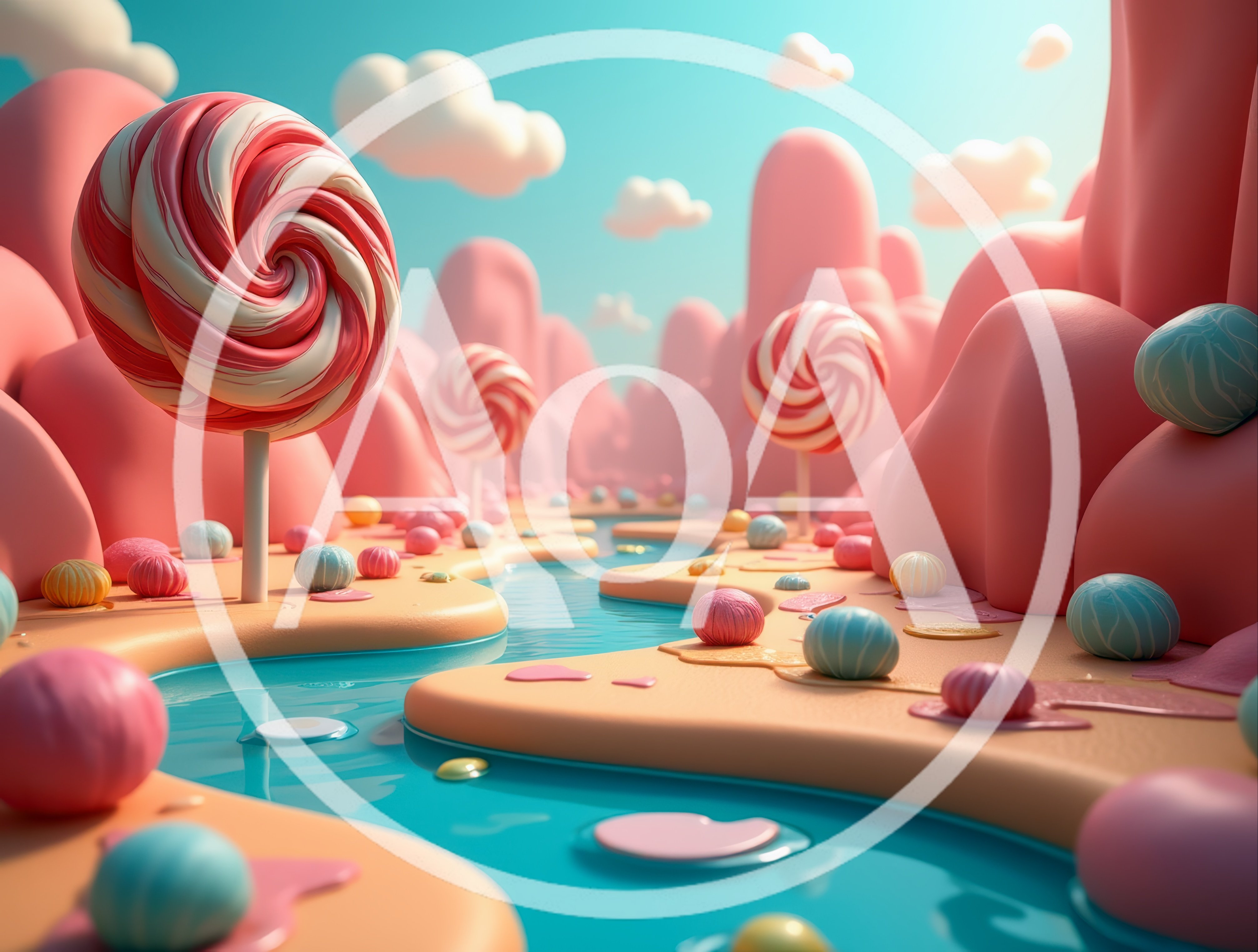 Whimsical Candy Land Landscape With Lollipops And River