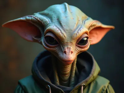 Portrait Of A Realistic Alien Creature In A Hoodie