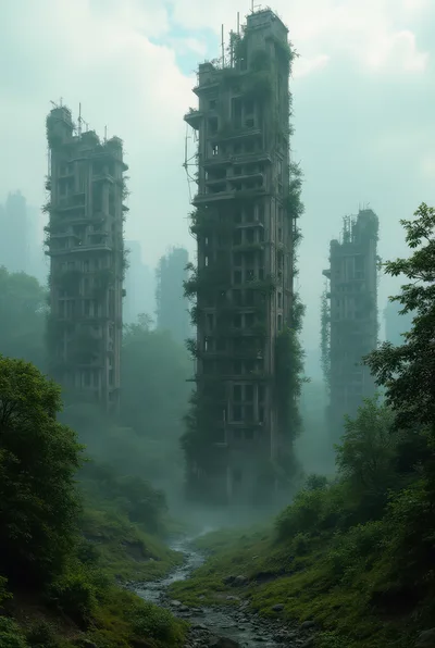 Abandoned Skyscraper Ruins In A Misty Overgrown Forest