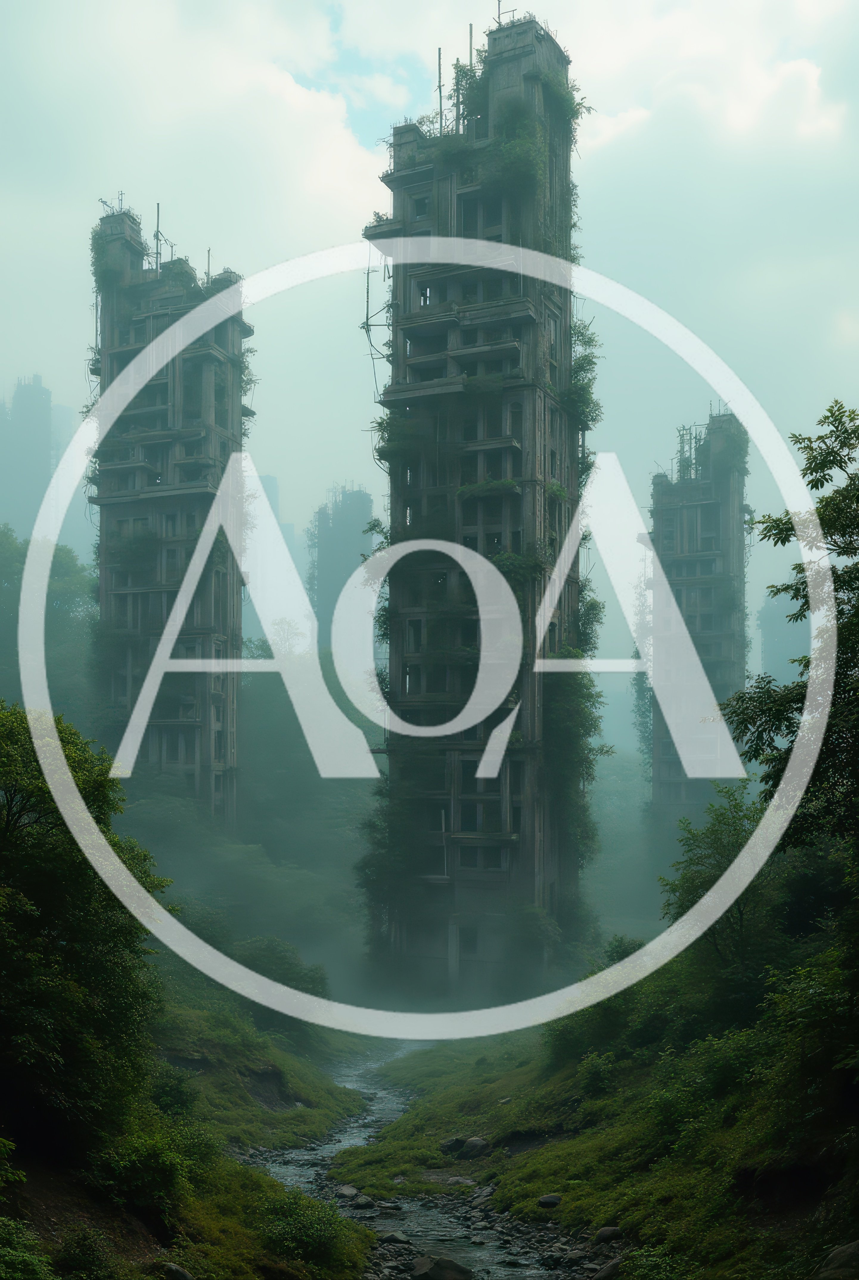 Abandoned Skyscraper Ruins In A Misty Overgrown Forest