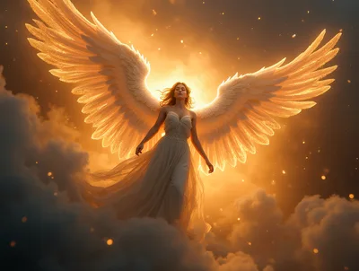 Ethereal Angel With Large Wings In Golden Clouds