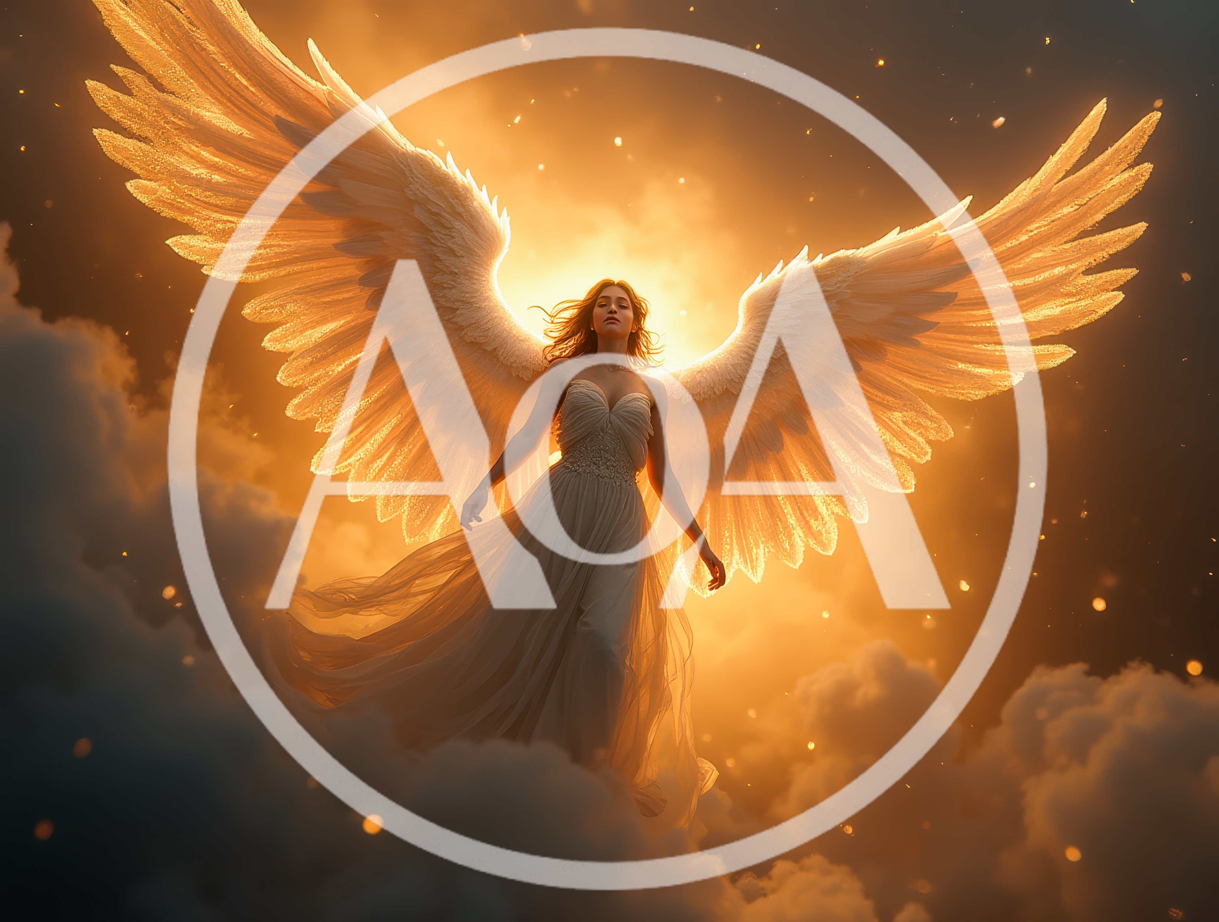 Ethereal Angel With Large Wings In Golden Clouds