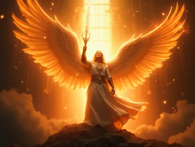 Majestic Angel Holding Glowing Sword On Mountain Peak