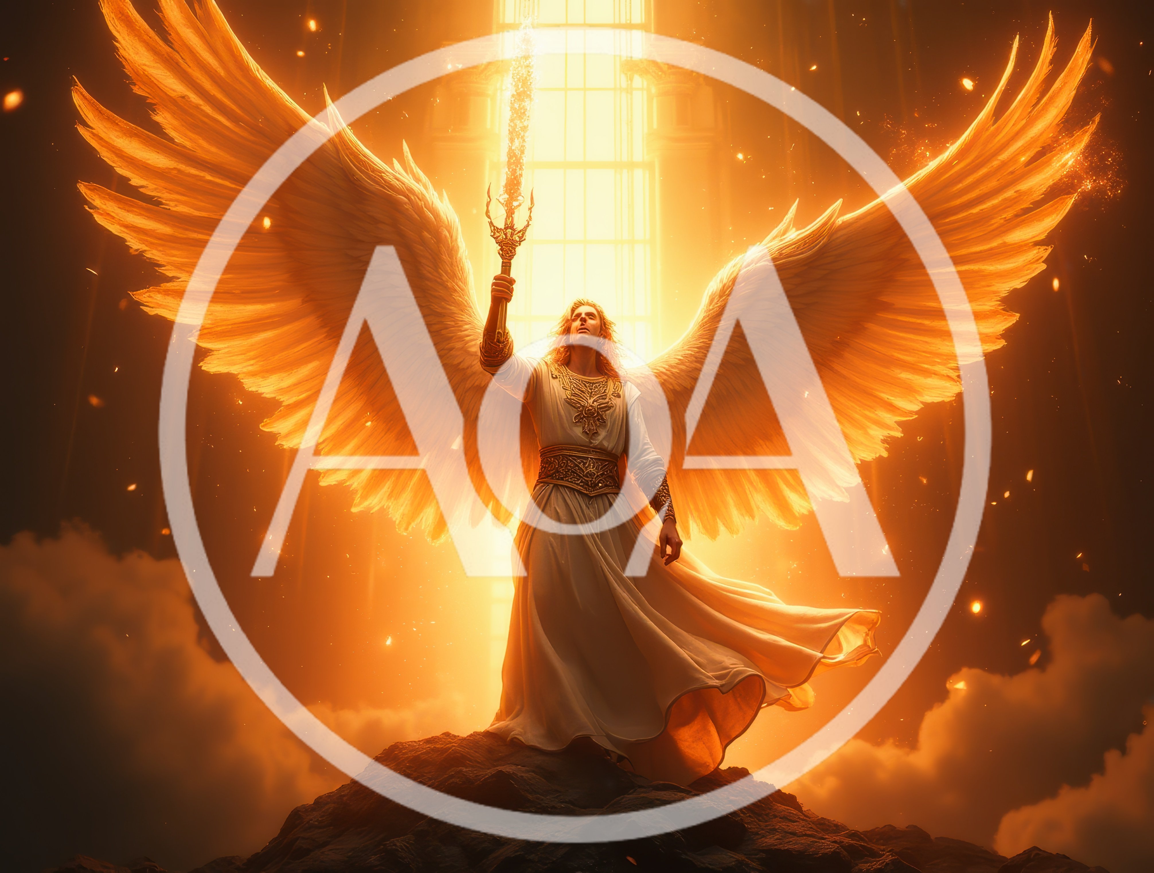 Majestic Angel Holding Glowing Sword On Mountain Peak