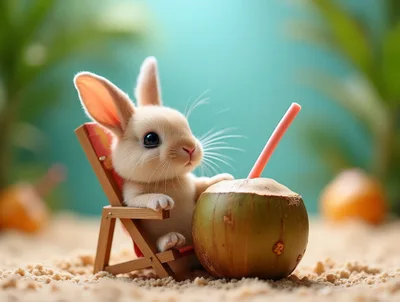 Cute Baby Bunny Relaxing In A Beach Chair