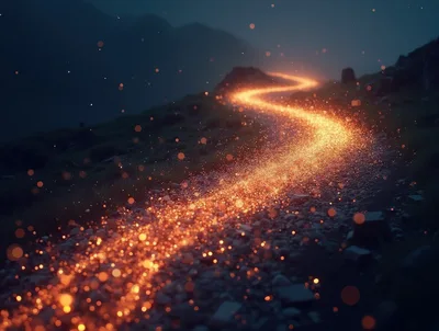Glowing Magical Path Winding Through Dark Mountain Landscape