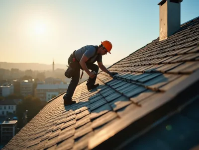 Roofer Installing Shingles on Residential Roof at Sunset
