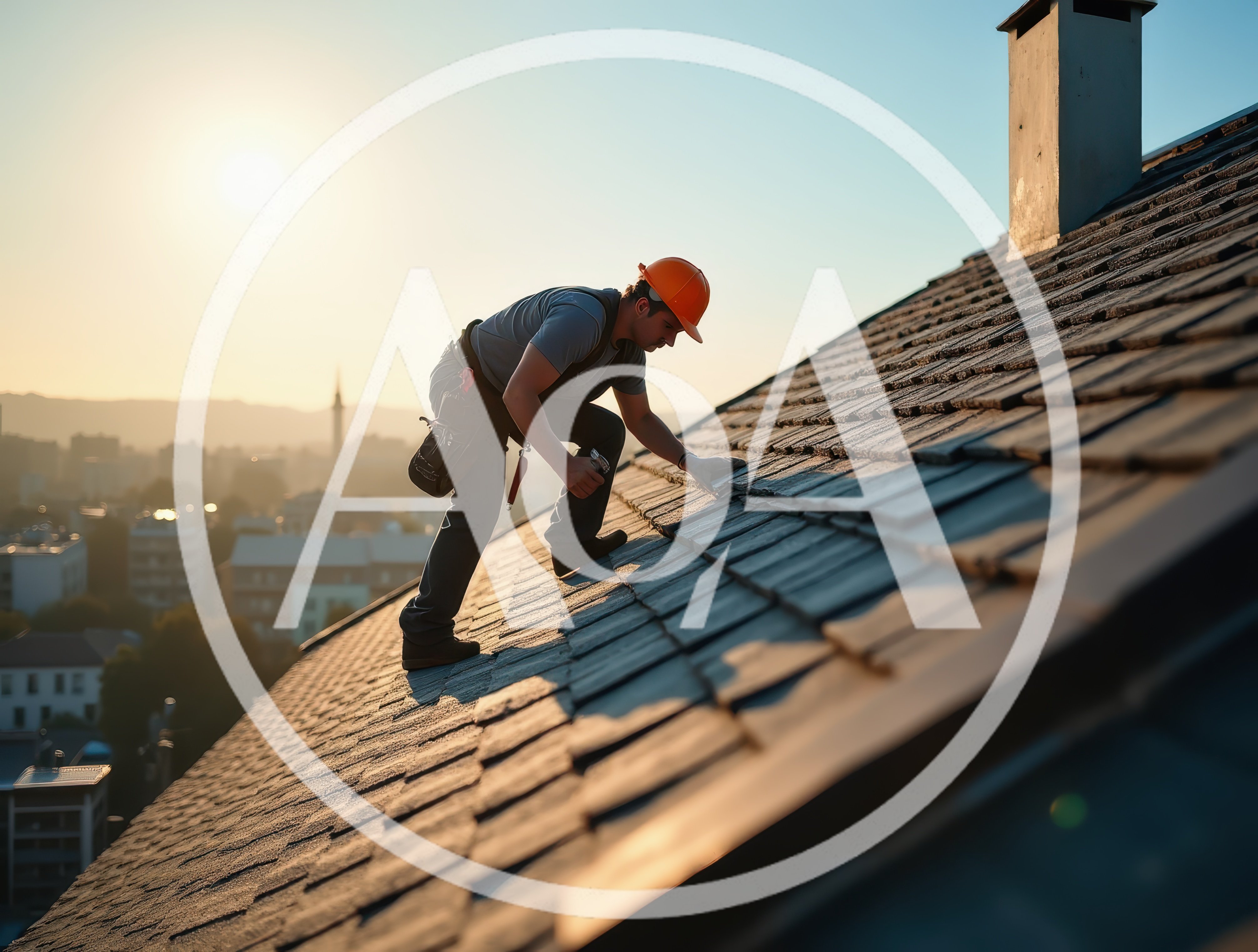 Roofer Installing Shingles on Residential Roof at Sunset