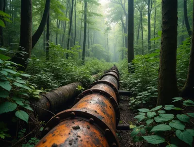 Rusty Industrial Pipeline Through A Misty Green Forest