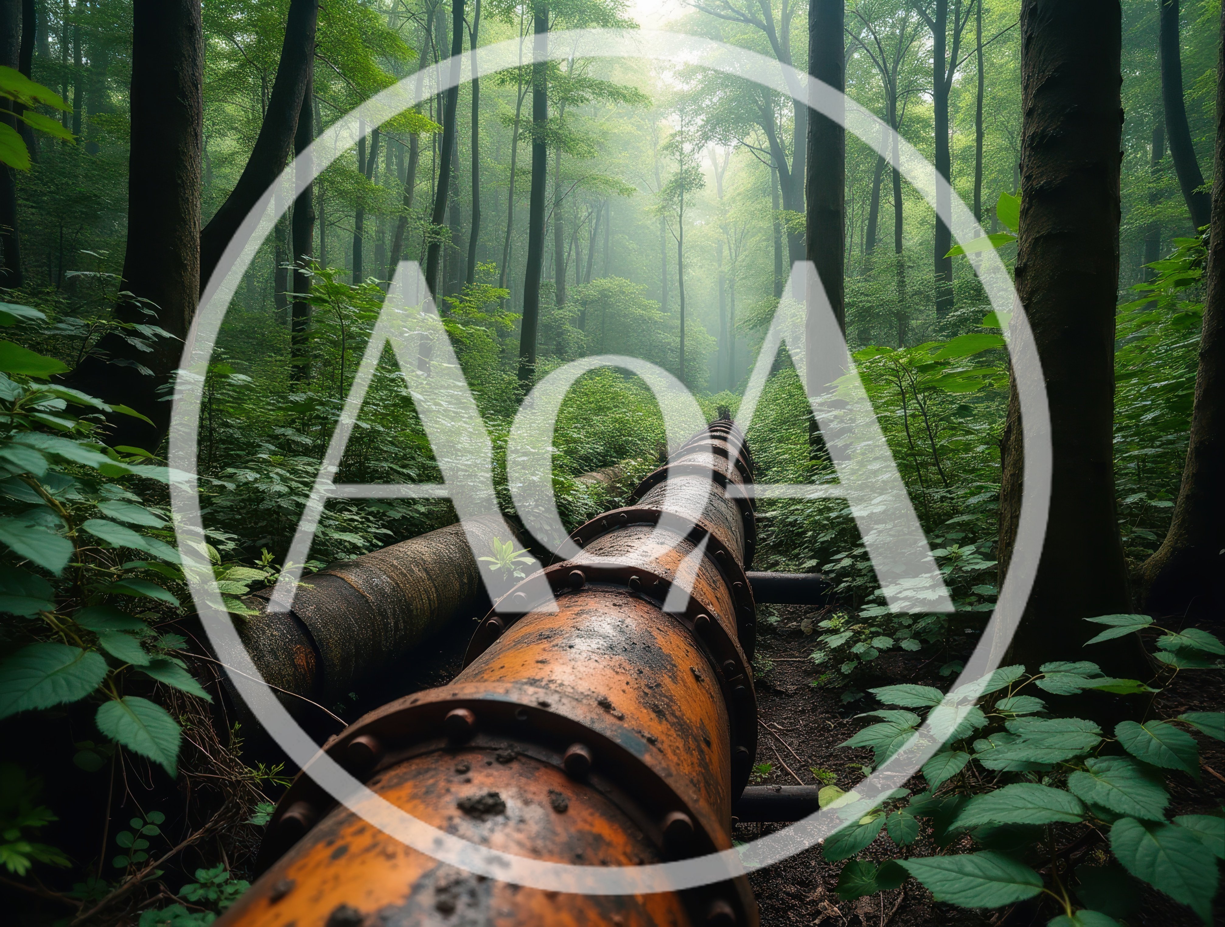 Rusty Industrial Pipeline Through A Misty Green Forest